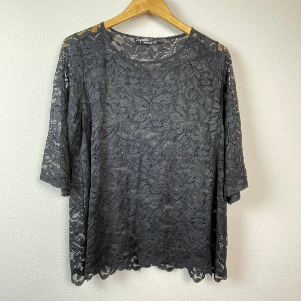 Sympli Lace Top Womens 14 Black 3/4 Sleeve Scalloped Hem Sheer Floral Romantic